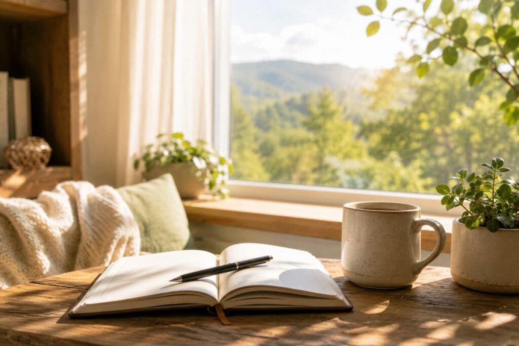 An open journal and a cup of a coffee on a wooden table