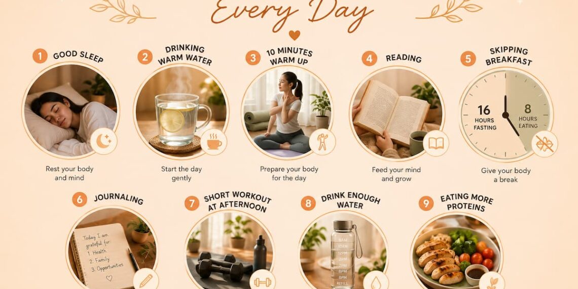 Infographic showing nine healthy habits practices throughout the day