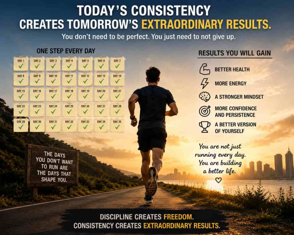 Runner moving forward on an open road beside a habit tracker, symbolizing the power of persistence and gradual progress during a weight loss journey