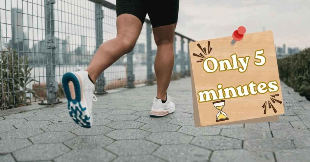 Person running outdoors with a motivational message showing that even 5 minutes of exercise can positively impact the body