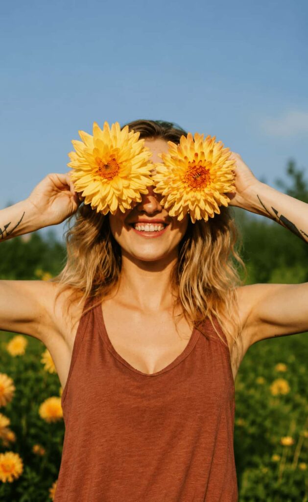 Smiling woman holding sunflowers over her eyes to represent positivity, happiness, and a healthy mindset while building better habits