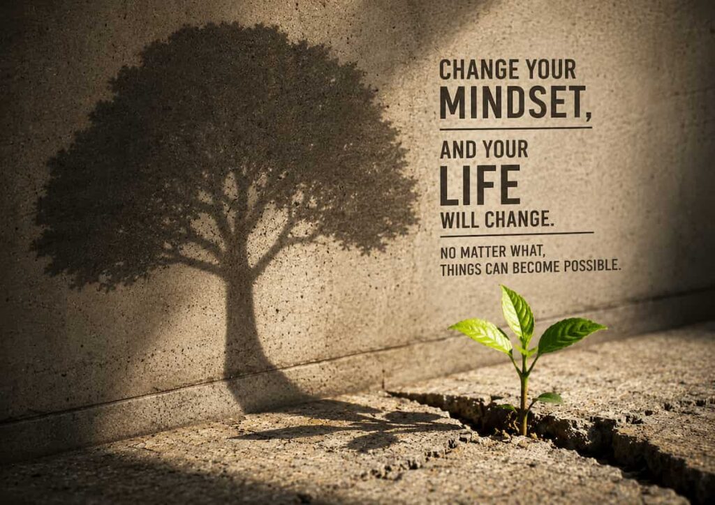 Motivational image showing a small plant growing through concrete with a shadow of a large tree, representing how changing your mindset can make weight loss and healthy habits feel more achievable