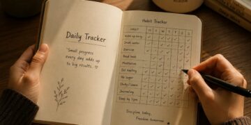 Person tracking daily habits in a journal to build consistency and support long-term weight loss and healthier lifestyle goals