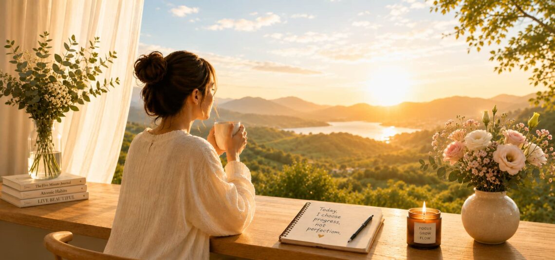 Woman enjoying a peaceful sunrise with a journal, candle, and flowers