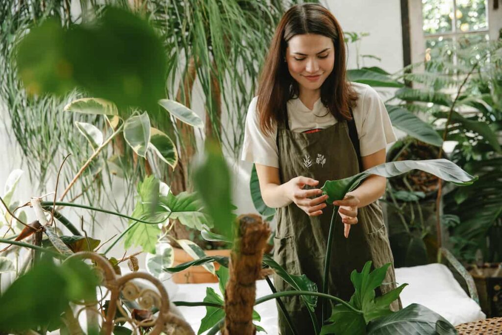 A lady taking care of indoor plants surrounded by lush greenery.