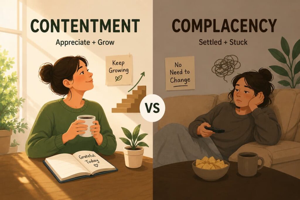 Side-by-side illustration comparing contentment and complacency through two different mindsets and daily habits