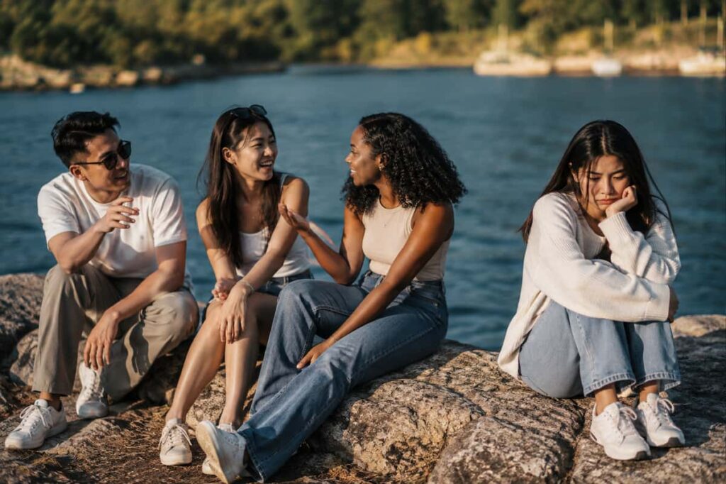 A woman sitting apart while her friends talk together, feeling left out and disconnected from the group