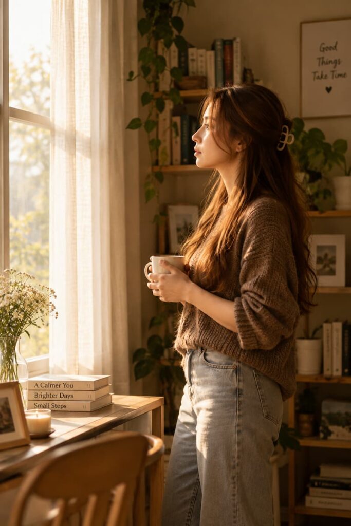 A lady standing quietly by a sunlit window with a warm drink